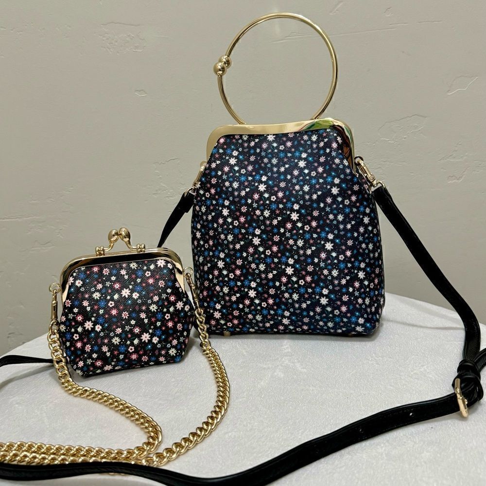 Handmade Oriental Style Genuine Leather Top Handle Kisslock Bag & Mini Purse Set